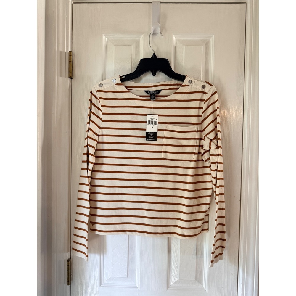Lauren Ralph Lauren Striped Cotton Boat Neck Top Brown Cream NWT Size Small
